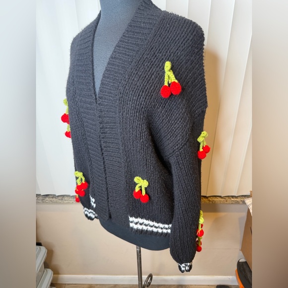 Maeve Anthropologie Black Cherry Appliqué Open-Front Women's Sweater One Size - Picture 4 of 10